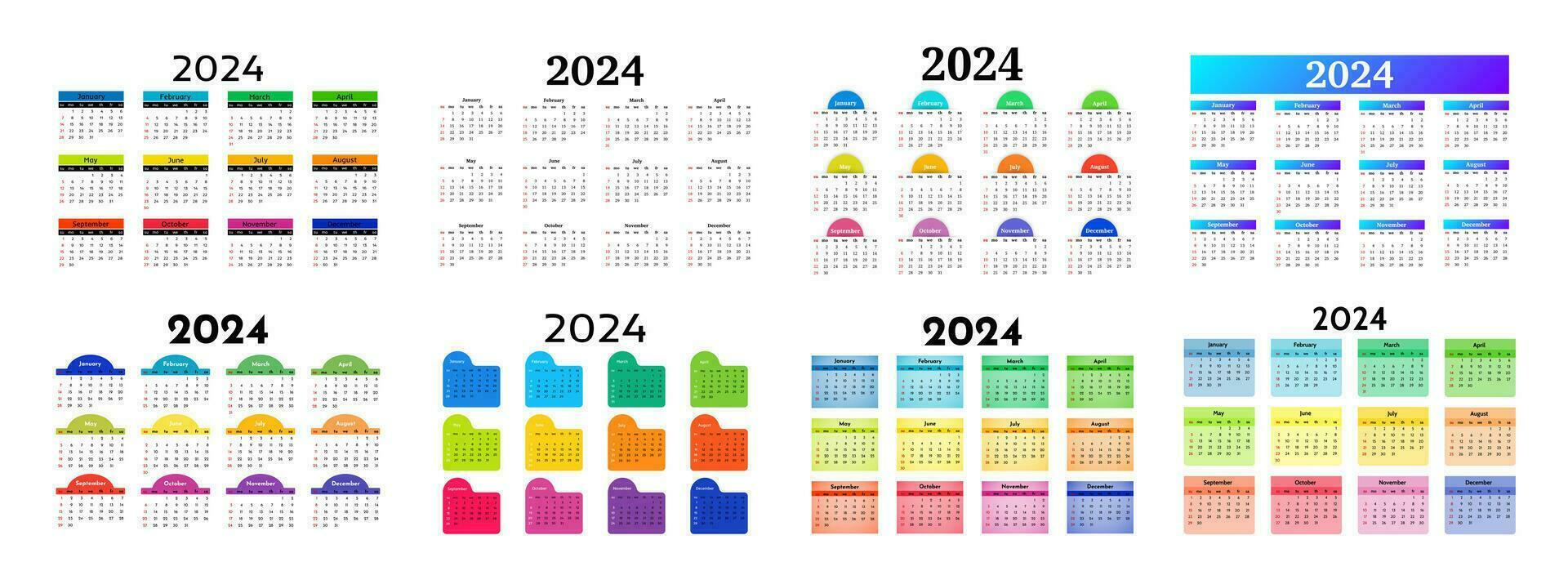 Set of six calendars for 2024 isolated on a white background. Sunday to Monday, business template. Vector illustration
