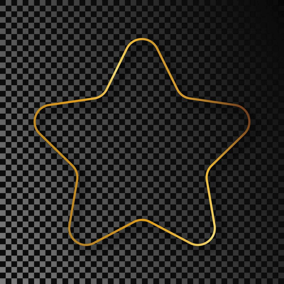 Gold glowing rounded star shape frame with shadow isolated on dark background. Shiny frame with glowing effects. Vector illustration.