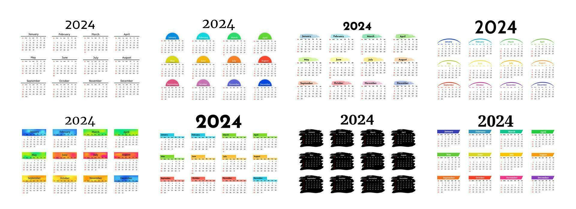 Set of six calendars for 2024 isolated on a white background. Sunday to Monday, business template. Vector illustration