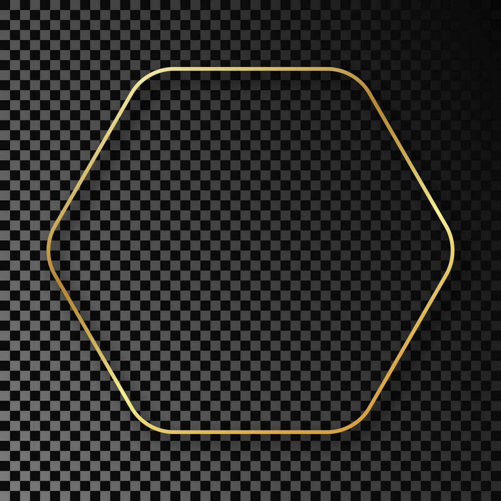 Gold glowing rounded hexagon frame with shadow isolated on dark background. Shiny frame with glowing effects. Vector illustration.