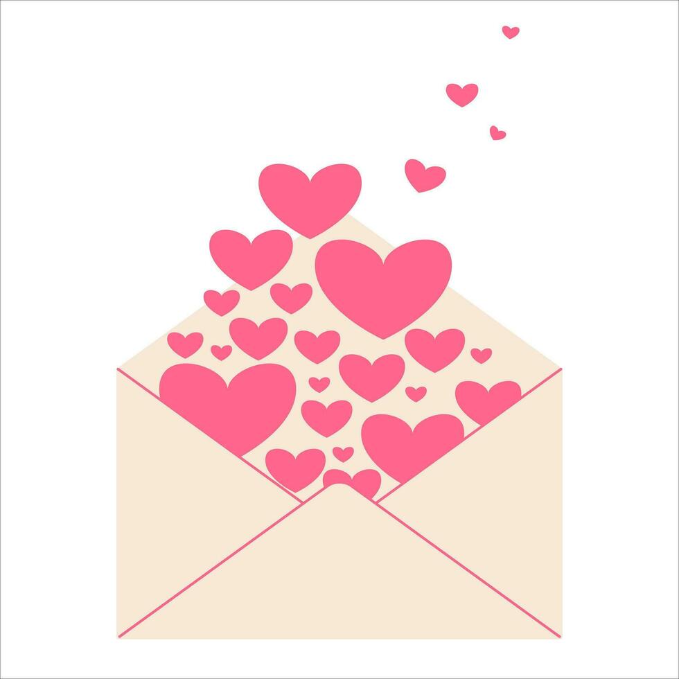 Love message in paper envelope. Hearts fly out of envelope. Vector illustration for design, sticker, valentines day
