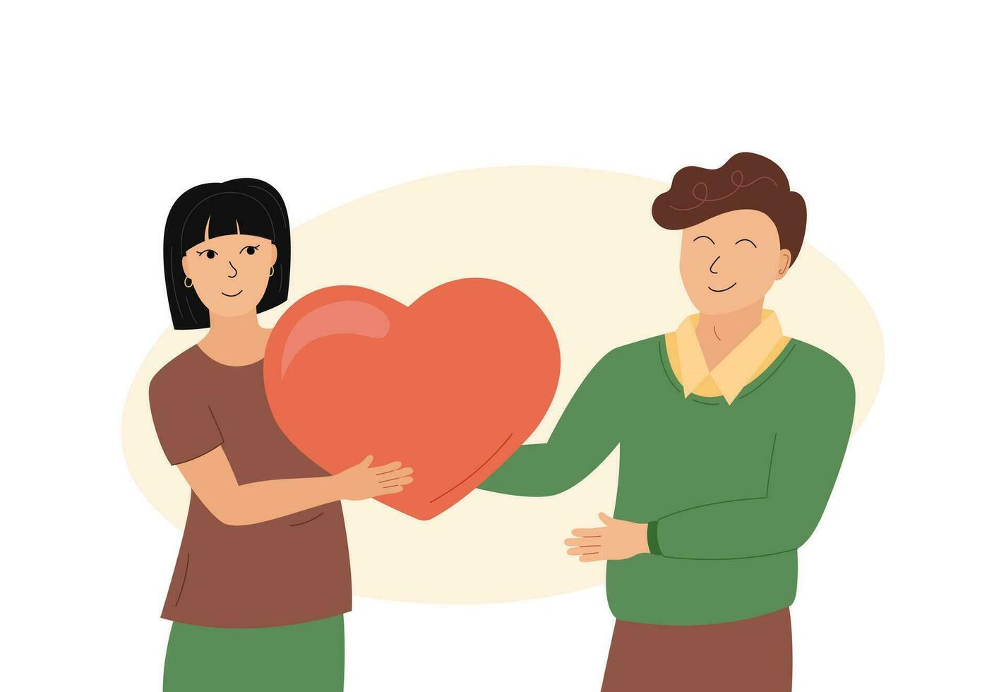 romántico Pareja en amor. mujer regalar grande corazón a sonriente hombre. contento joven amantes novios plano vector ilustración para san valentin día. relación concepto