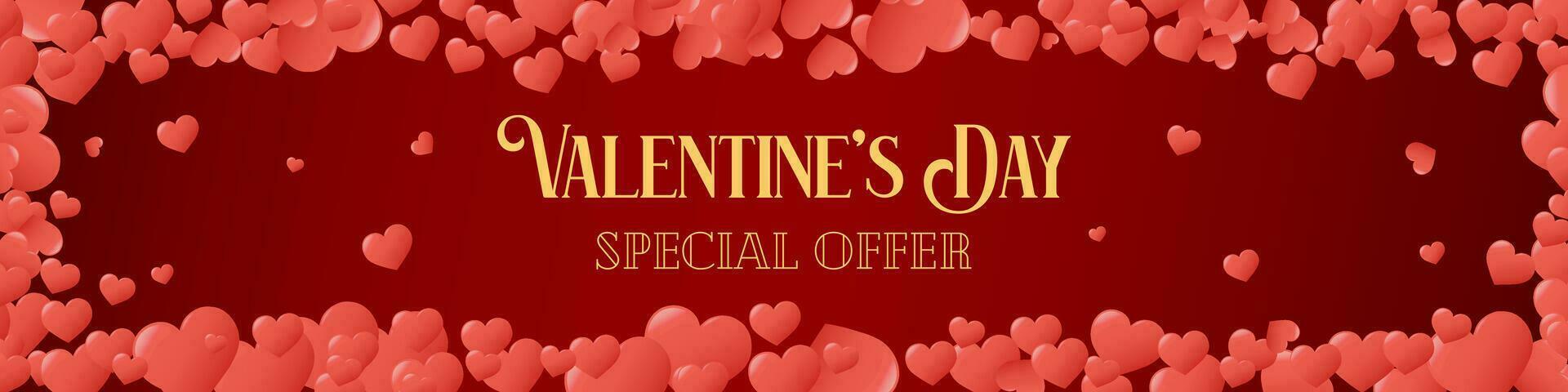 Valentines Day special offer banner template. Sale web advertising. Romantic design. Vector background. Cute hearts on red backdrop and text.