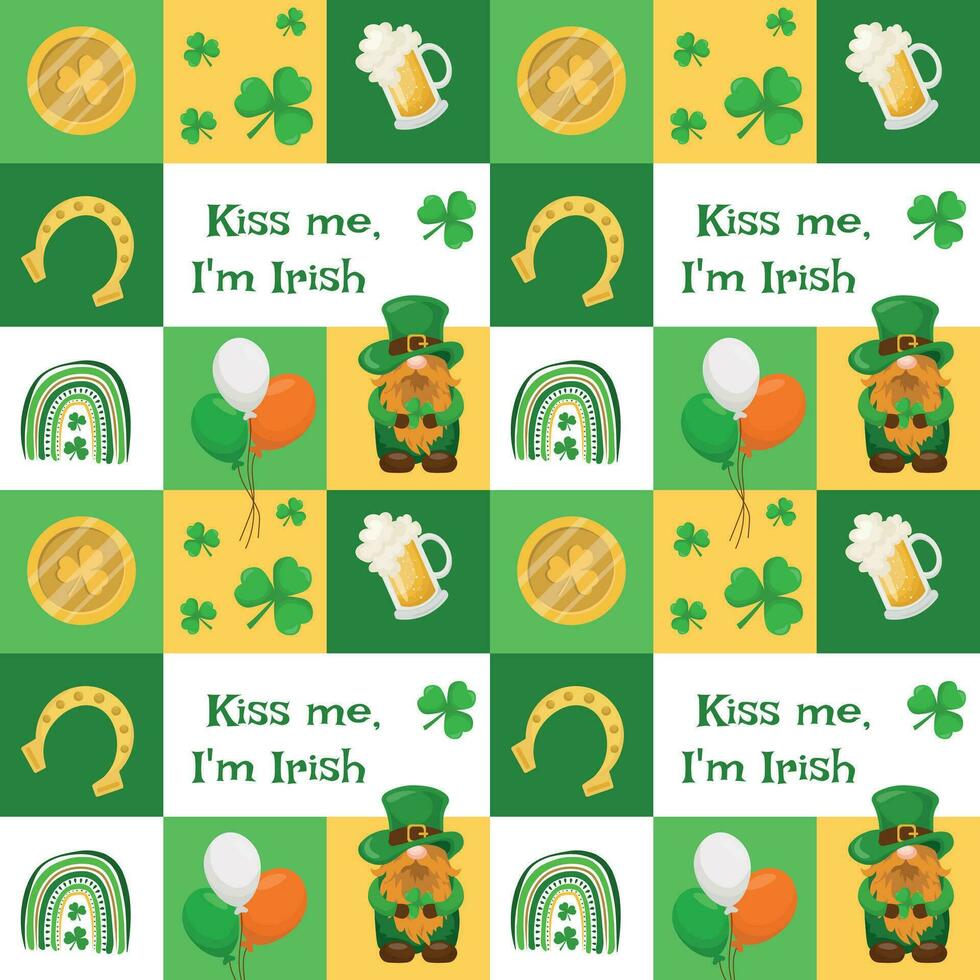 Seamless pattern for St. Patrick's Day with horseshoes, clover leaves, leprechaun, glasses of beer, coins, rainbows. Vector illustration