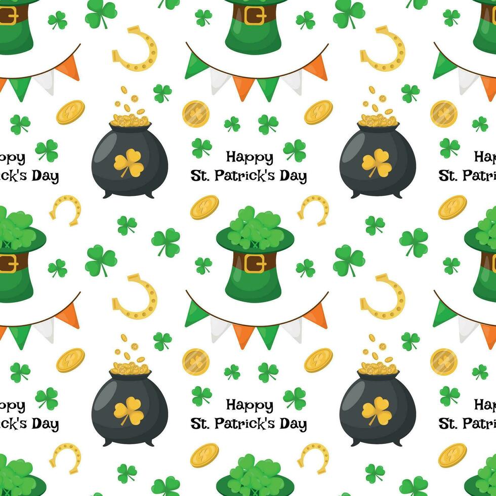St. Patrick's Day seamless pattern with coins, pot of gold clover, horseshoes on a white background. Vector illustration.