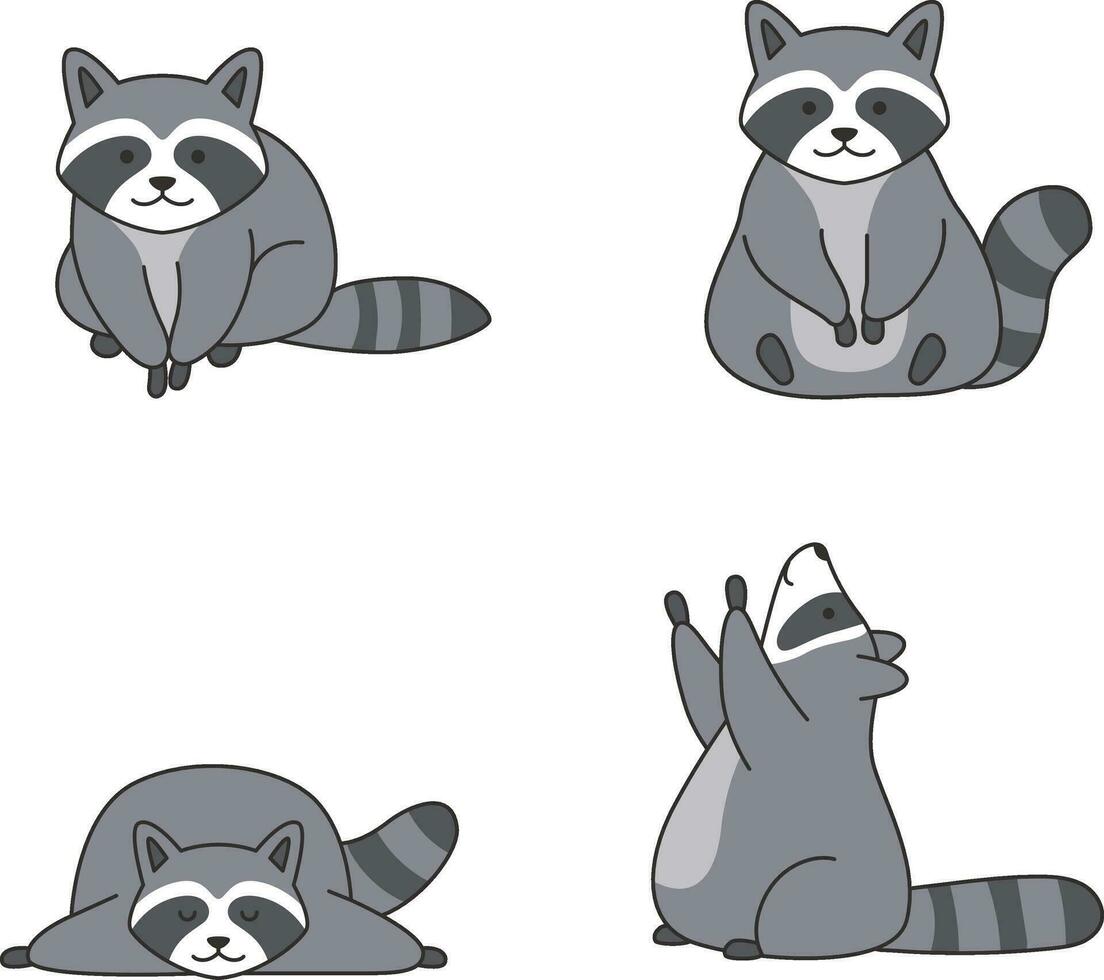 set of cute raccoons on a white background. vector illustration