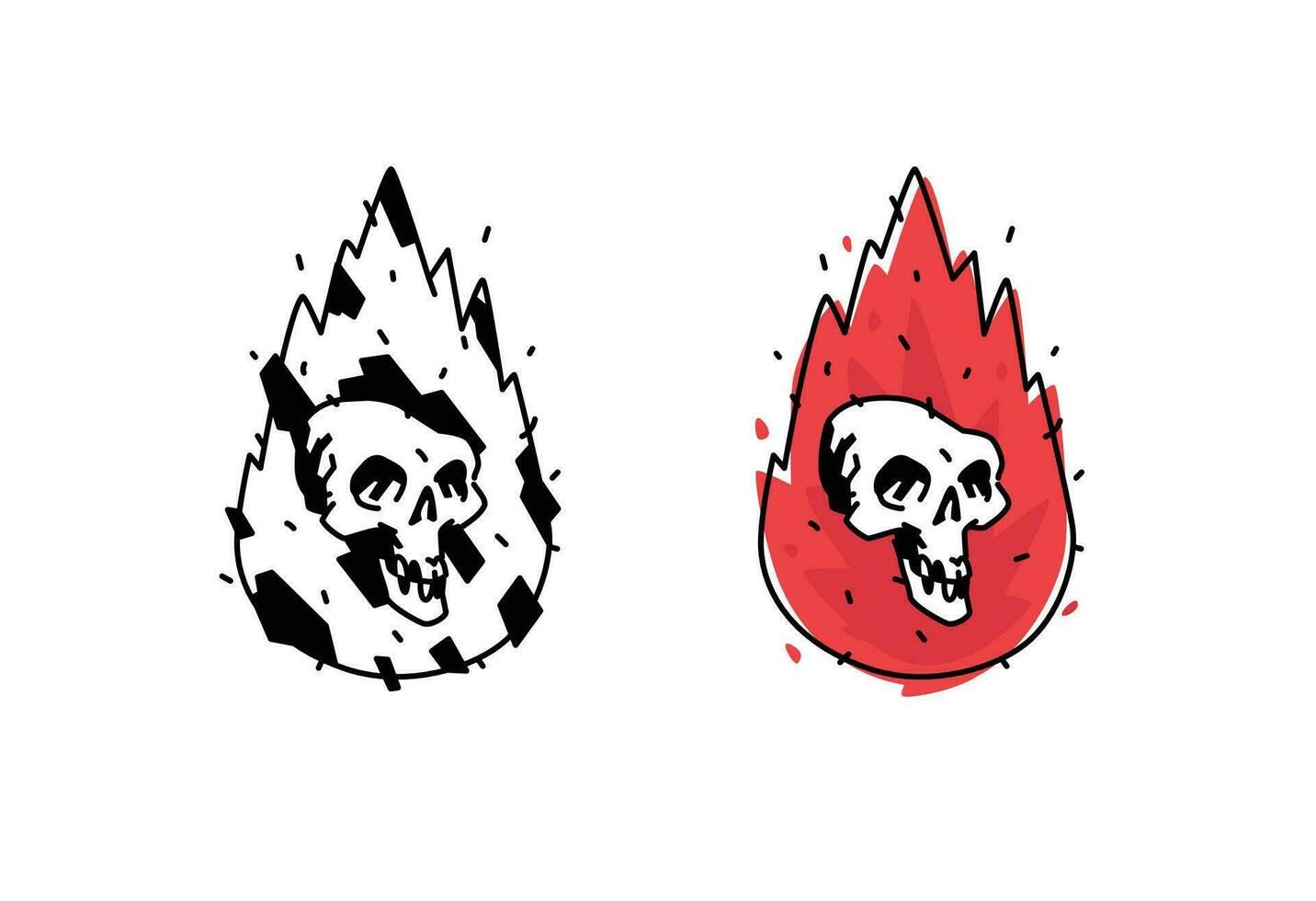 Illustration of a burning white skull. Vector icon. Image is isolated on white background. Burning skull, comic style. A tattoo, a logo for a biker club. Mascot. Emblem, symbol.