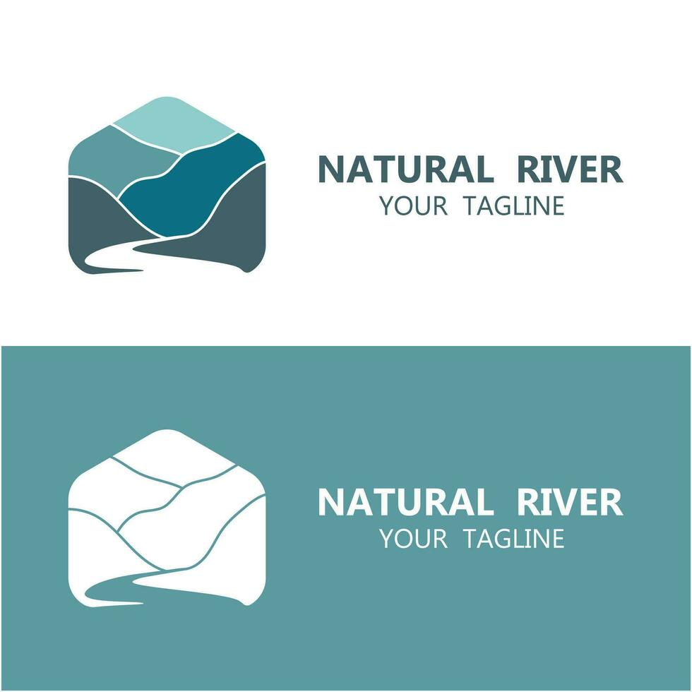 río logo con combinación de montañas y tierras de cultivo con vector concepto diseño. logo para muchos tipo de negocio, viaje agencia y naturaleza fotógrafo