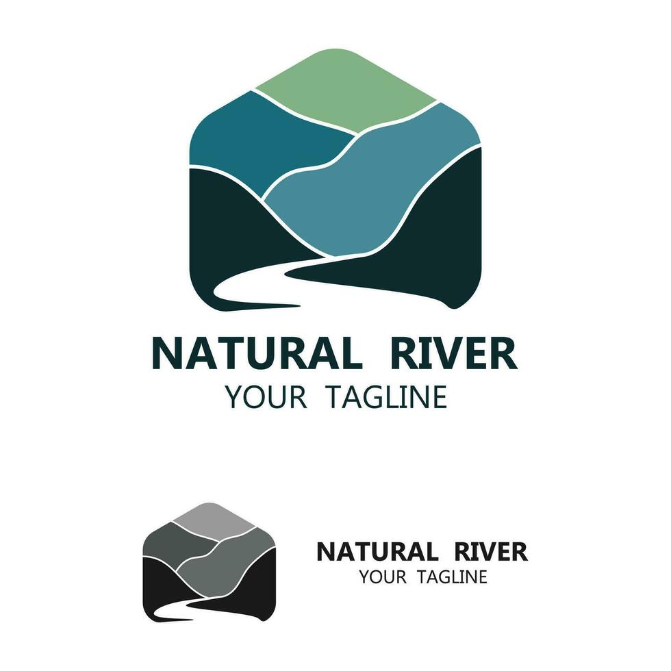 River logo with combination of mountains and farmland with vector concept design. logo for many kind of business, travel agency and nature photographer