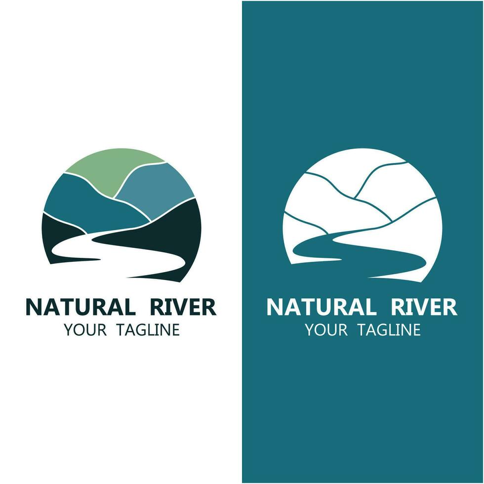 río logo con combinación de montañas y tierras de cultivo con vector concepto diseño. logo para muchos tipo de negocio, viaje agencia y naturaleza fotógrafo