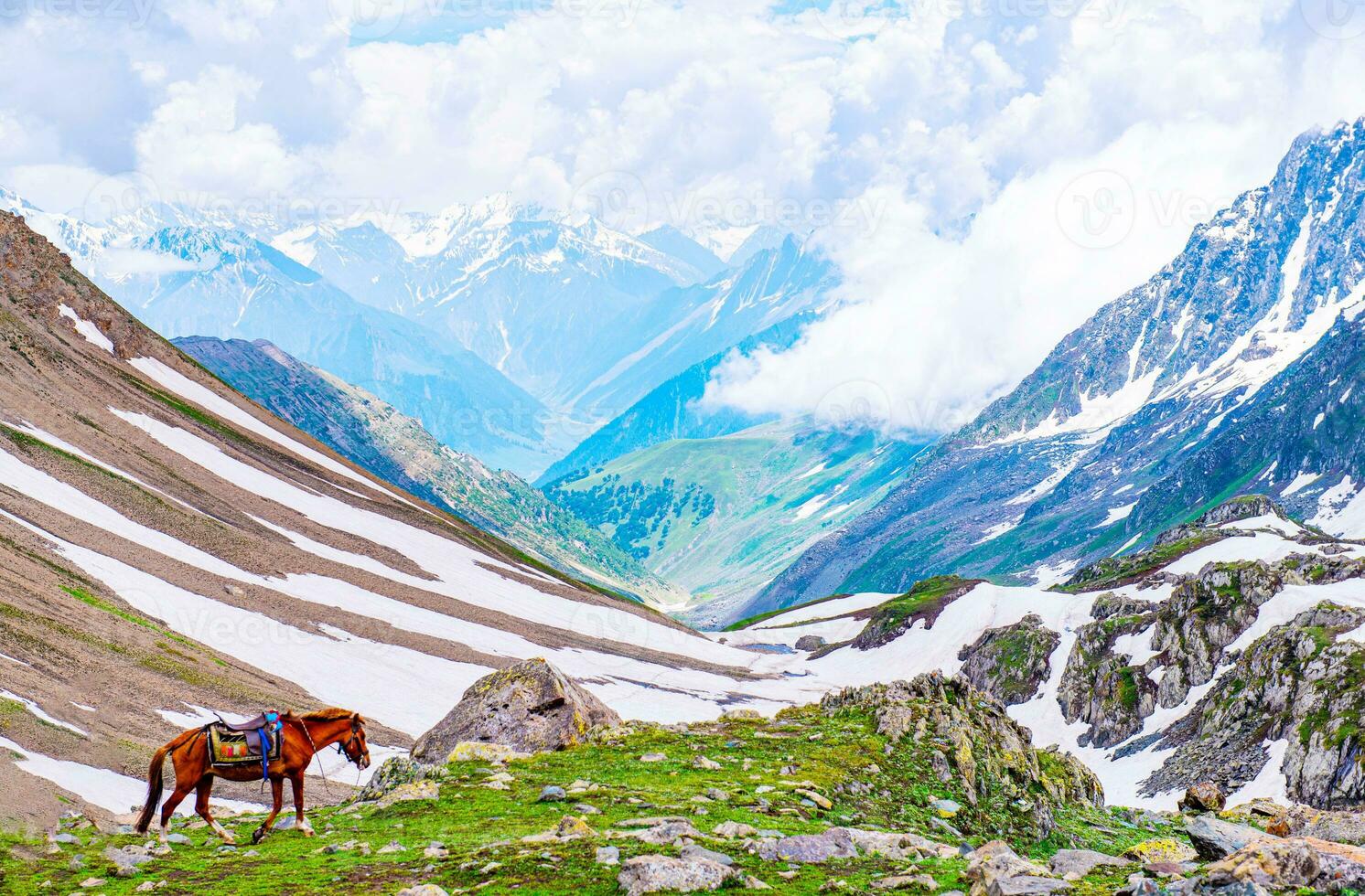 Landscape in the mountains. Panoramic view from the top of Sonmarg, Kashmir valley in the Himalayan region. meadows, alpine trees, wildflowers and snow on mountain in india. Concept travel nature. photo