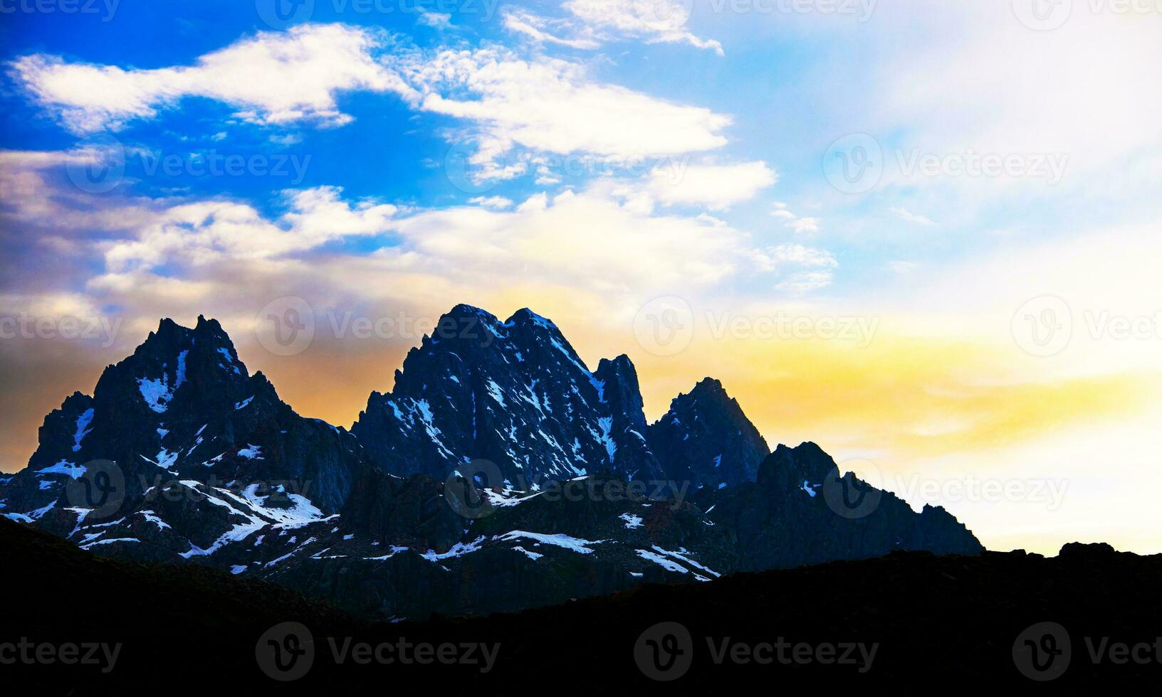 Landscape in the mountains. Panoramic view from the top of Sonmarg, Kashmir valley in the Himalayan region. meadows, alpine trees, wildflowers and snow on mountain in india. Concept travel nature. photo