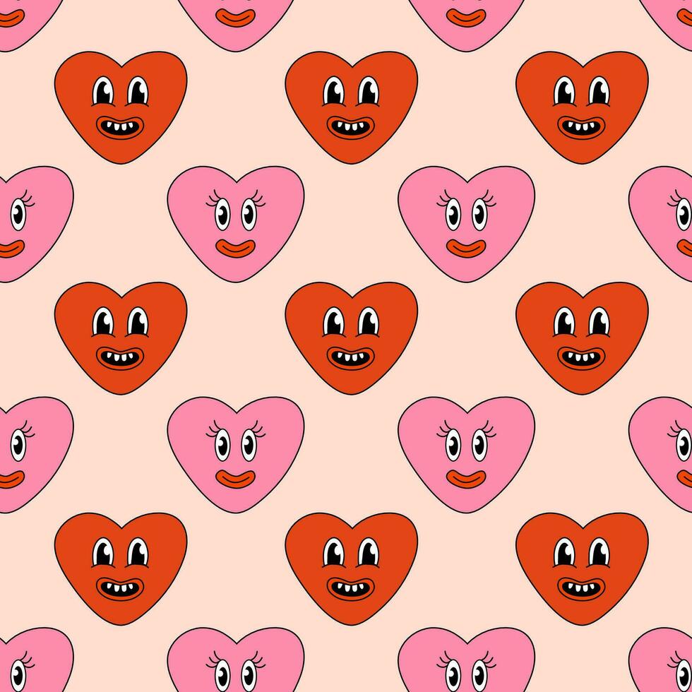 Seamless Pattern with Heart Pink and Red Smile Character for Valentine Day. Mascot in groovy and Y2k style. Vector cartoon illustration.