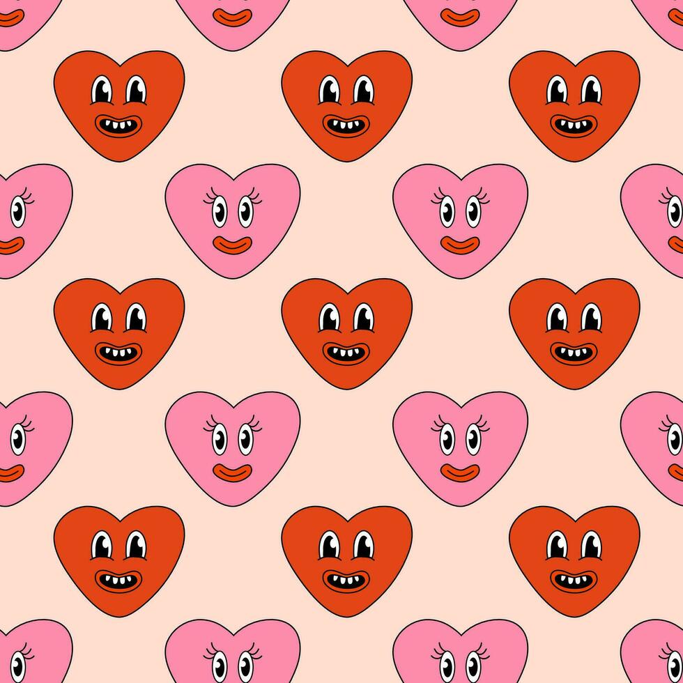 Seamless Pattern with Heart Pink and Red Smile Character for Valentine Day. Mascot in groovy and Y2k style. Vector cartoon illustration.