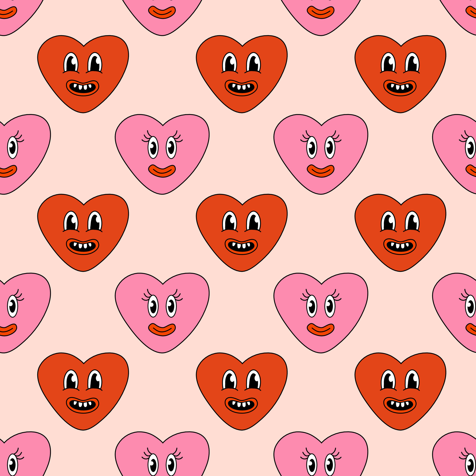 Seamless Pattern with Heart Pink and Red Smile Character for Valentine ...