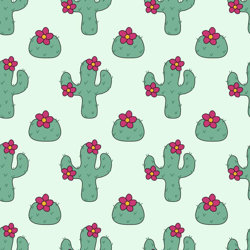 Seamless Pattern with Cactus plants with pink flowers. Cacti background. Vector flat illustration.