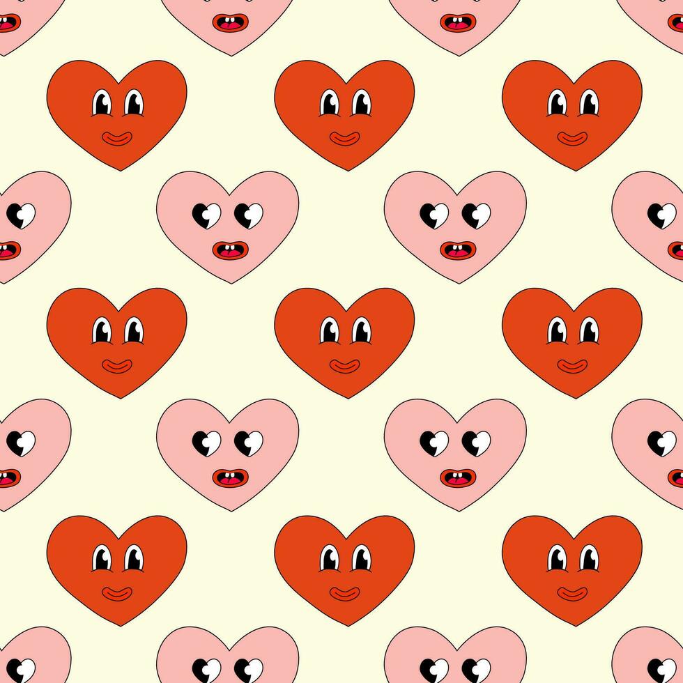 Seamless Pattern with Hearts Red and Pink Characters Smile for Valentine Day. Mascot in groovy and Y2k style. Vector cartoon illustration.
