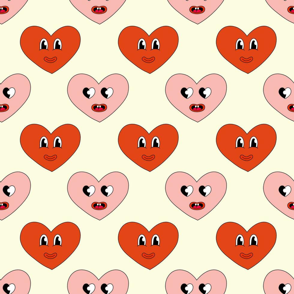 sin costura modelo con corazones rojo y rosado caracteres sonrisa para enamorado día. mascota en maravilloso y y2k estilo. vector dibujos animados ilustración.