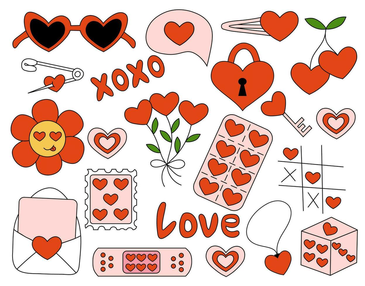 Valentine Day elements. Envelope, Cherry, Patch, Sunglasses, Hairpin, Flowers, Post Stamp Lock and key, Dice, Tic-tac-toe game. Vector flat illustration. Icons, stickers in Y2K style.