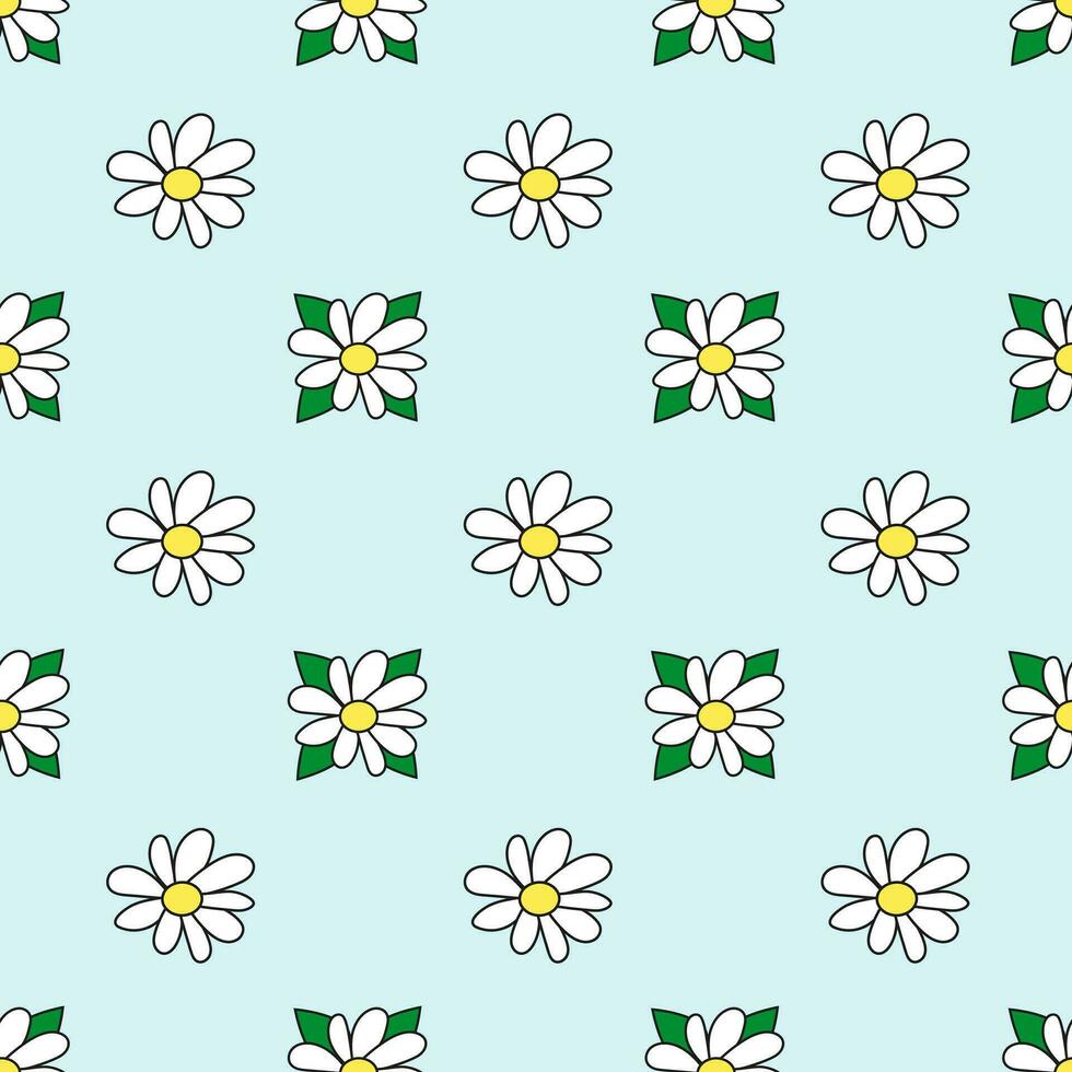 Seamless pattern with white flower and leaves. Daisy blossom. Chamomile. Spring and summer floral background. Design for wallpaper, wrapping paper, background, fabric. Vector flat illustration.