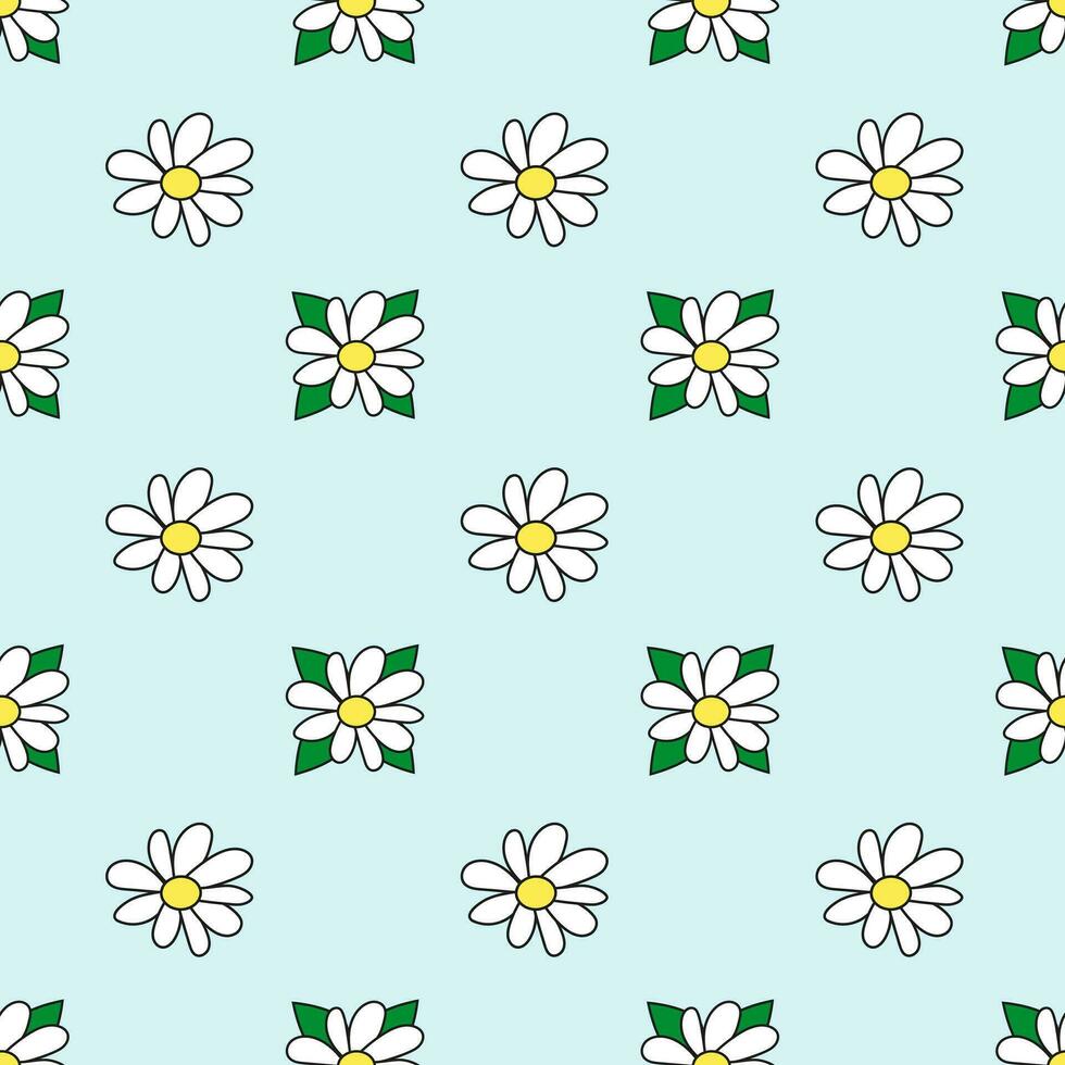 sin costura modelo con blanco flor y hojas. margarita florecer. manzanilla. primavera y verano floral antecedentes. diseño para fondo de pantalla, envase papel, fondo, tela. vector plano ilustración.