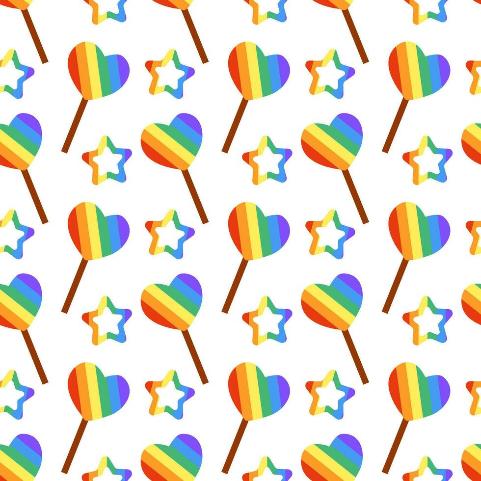 Seamless Pattern with Cute LGBT Lollipop rainbow on stick and star. Candy in form heart. LGBTQ. Symbol of the LGBT pride community. Flat vector illustration.