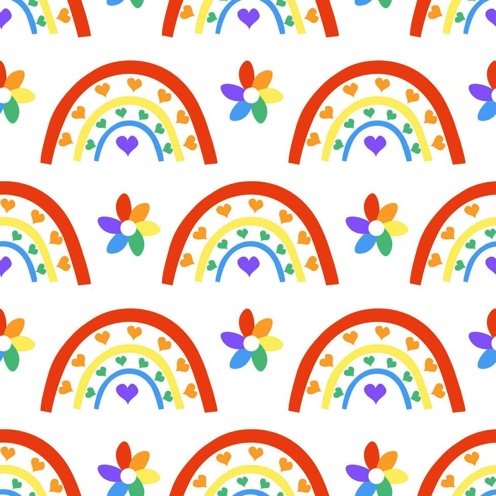 Seamless Pattern with LGBT Rainbow with hearts and flowers. LGBTQ. Symbol of the LGBT pride community. Vector flat illustration.