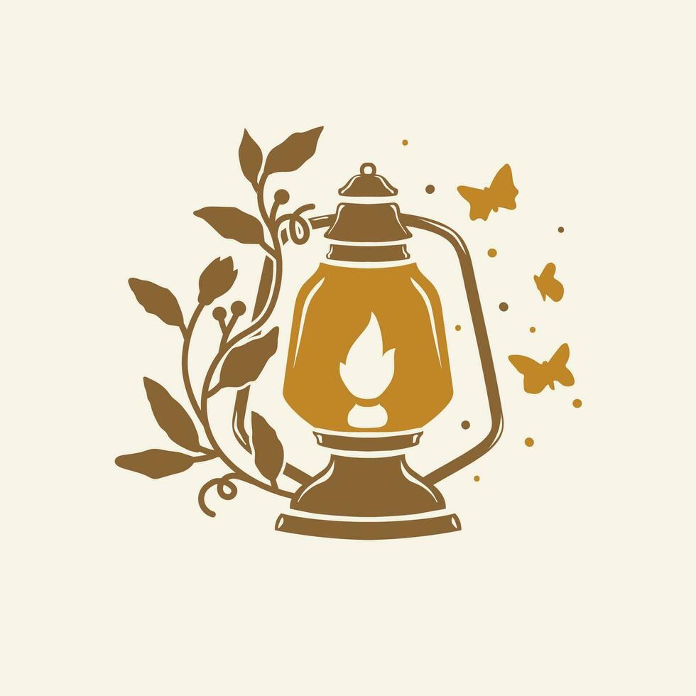 Kerosene vintage lamp with floral and butterfly vector