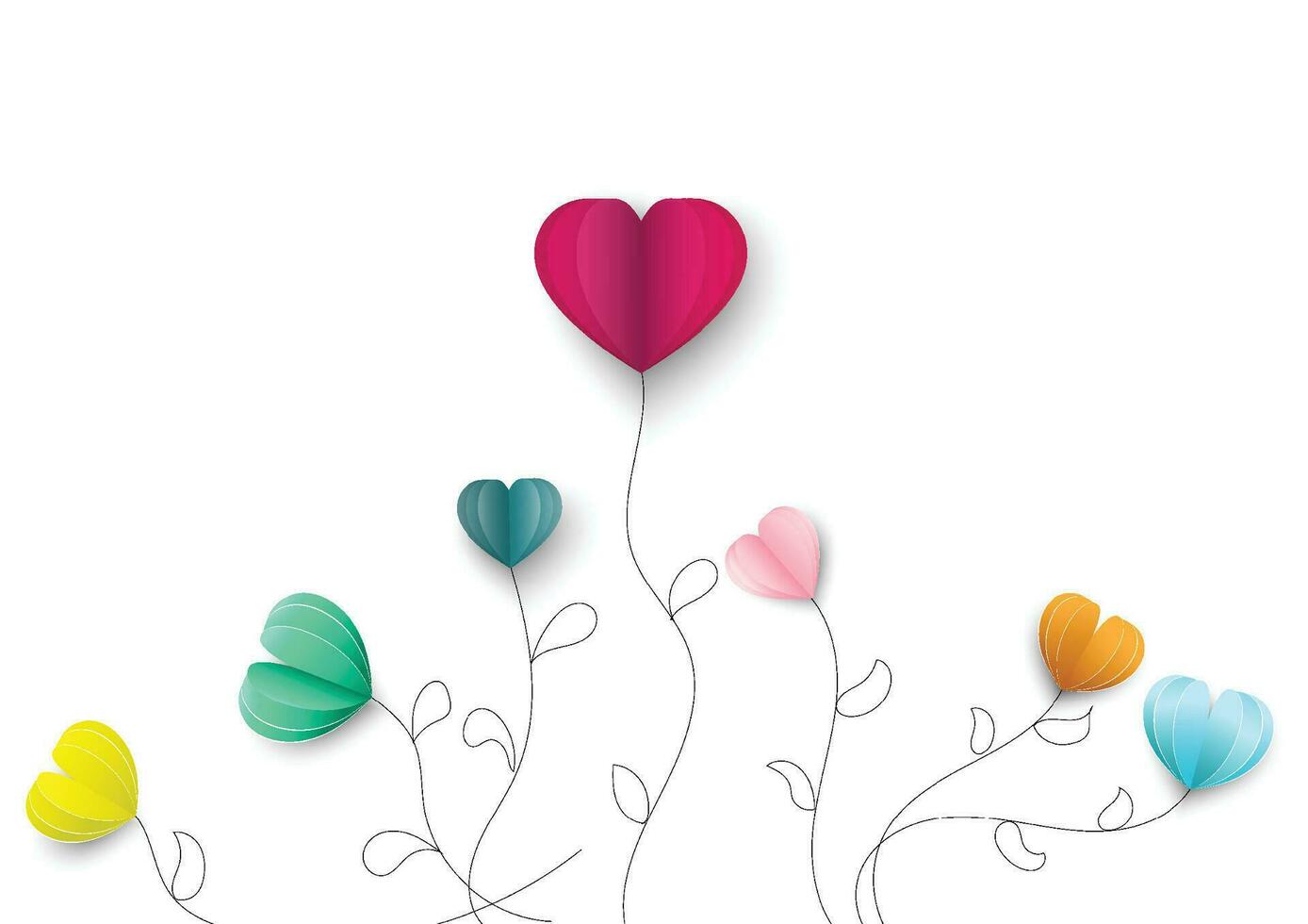 Balloons trees on white background.Heart shaped balloons icon.Valentines day, Paper art style of valentine's day, vector love elements background.