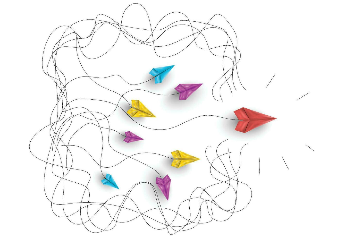 Group of paper airplanes flying.Paper plant in one direction and paper plant pointing in different way on background.Unique,out standing.Vector concept inspiration and think different concept. vector