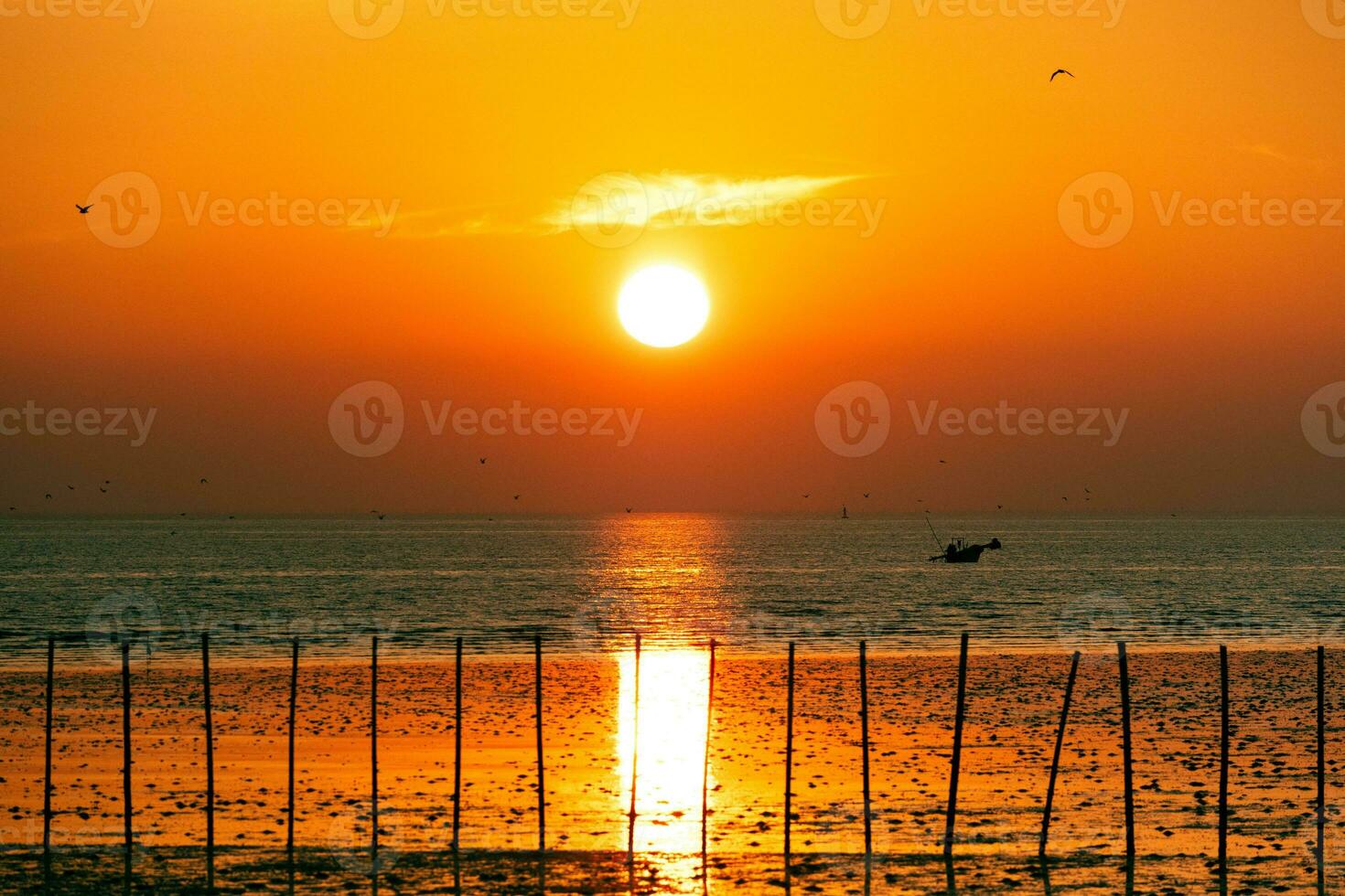 Sunset sky on twilight in the sea Evening with Orange Gold Sunset Nature Sky Background, Horizon Golden Sky, beautiful clouds, Dusk sky photo
