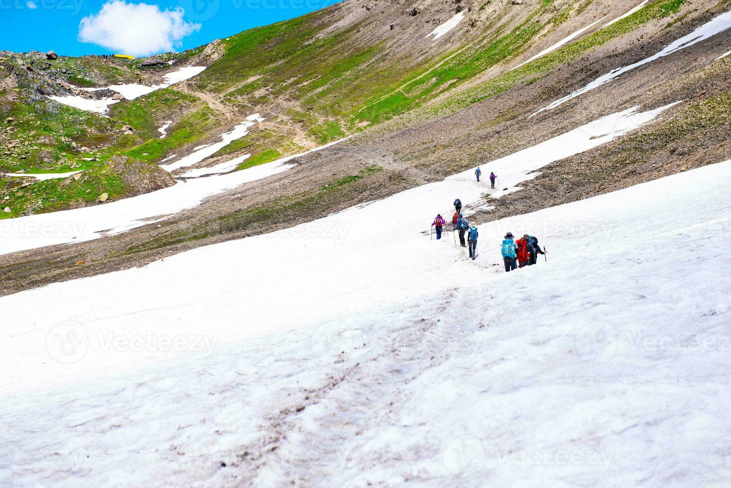 Landscape in the mountains. Panoramic view from the top of Sonmarg, Kashmir valley in the Himalayan region. meadows, alpine trees, wildflowers and snow on mountain in india. Concept travel nature. photo