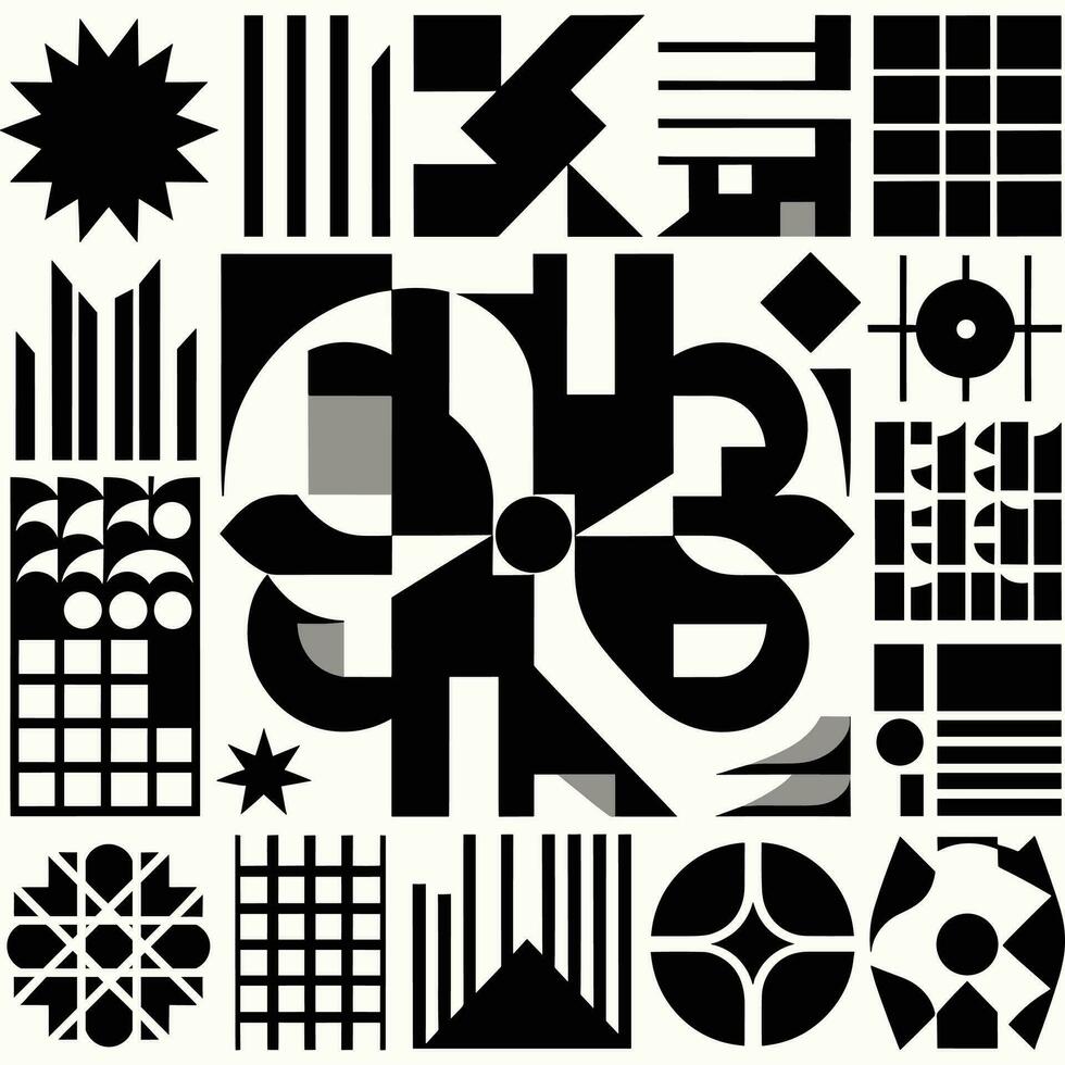 Brutalist abstract geometric shapes and grids. Brutal contemporary figure star oval spiral flower and other primitive elements. Swiss design aesthetic. Bauhaus memphis design vector