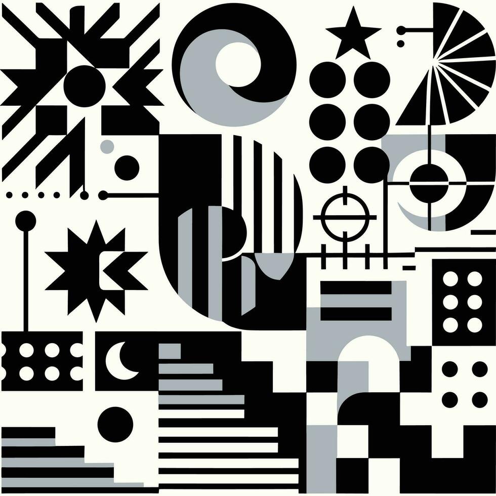 Brutalist abstract geometric shapes and grids. Brutal contemporary figure star oval spiral flower and other primitive elements. Swiss design aesthetic. Bauhaus memphis design vector