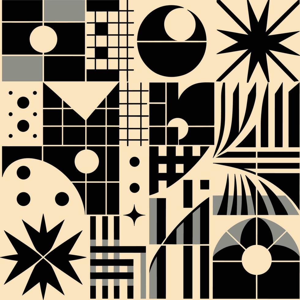 Brutalist abstract geometric shapes and grids. Brutal contemporary figure star oval spiral flower and other primitive elements. Swiss design aesthetic. Bauhaus memphis design vector