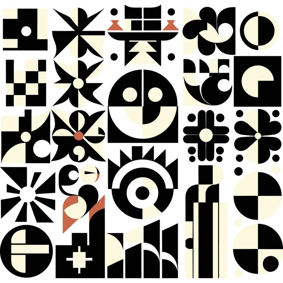 Brutalist abstract geometric shapes and grids. Brutal contemporary figure star oval spiral flower and other primitive elements. Swiss design aesthetic. Bauhaus memphis design vector