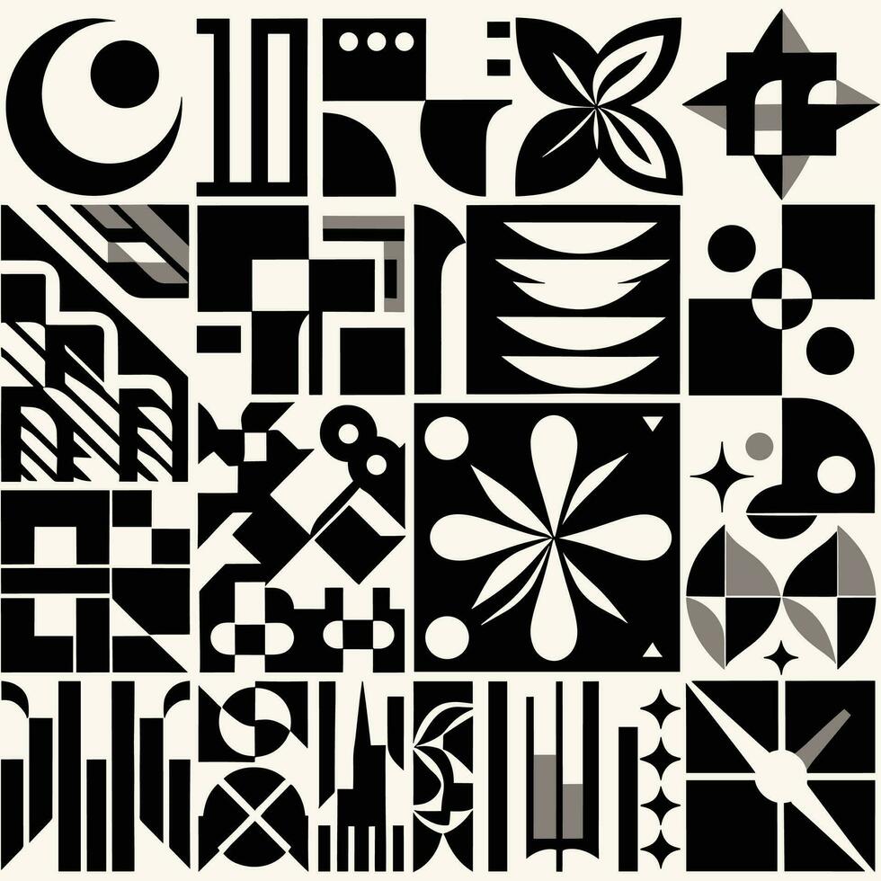 Brutalist abstract geometric shapes and grids. Brutal contemporary figure star oval spiral flower and other primitive elements. Swiss design aesthetic. Bauhaus memphis design vector