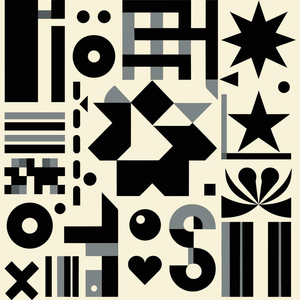 Brutalist abstract geometric shapes and grids. Brutal contemporary figure star oval spiral flower and other primitive elements. Swiss design aesthetic. Bauhaus memphis design vector