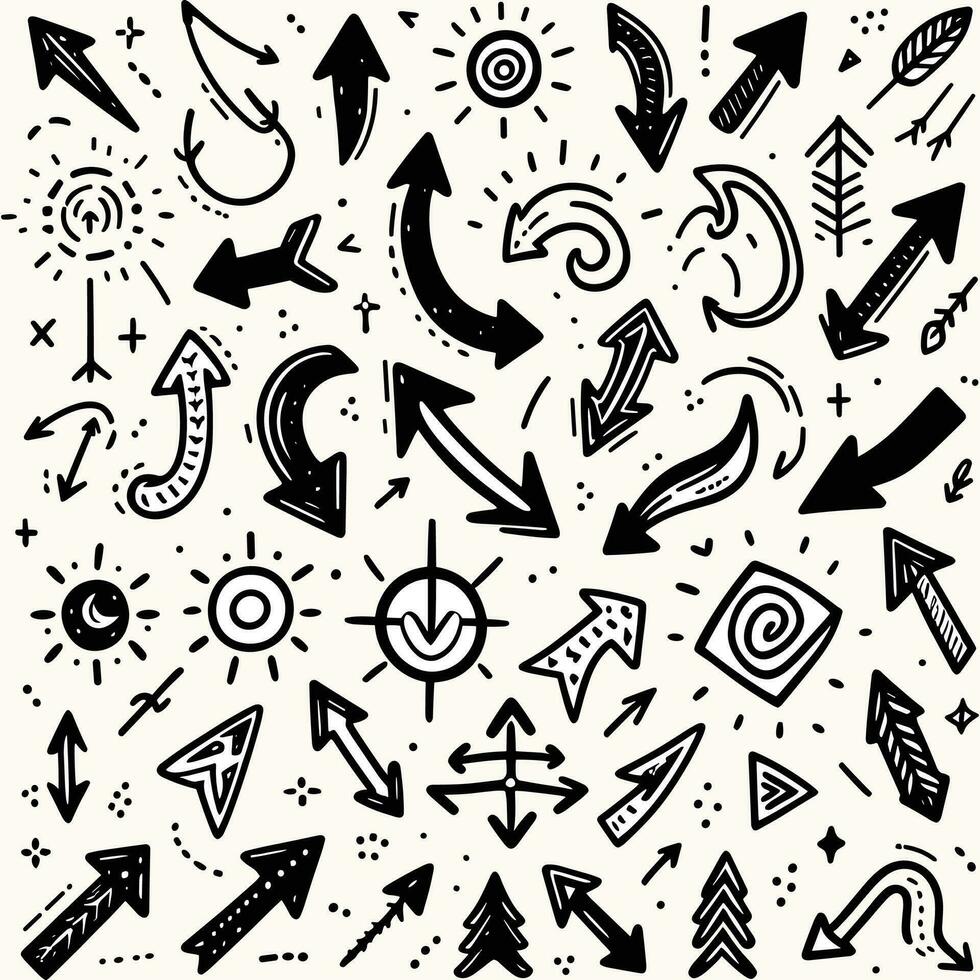 Hand drawn set of arrows. Collection black arrow on white background. Vector illustration