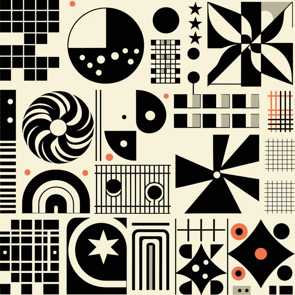 Brutalist abstract geometric shapes and grids. Brutal contemporary figure star oval spiral flower and other primitive elements. Swiss design aesthetic. Bauhaus memphis design vector