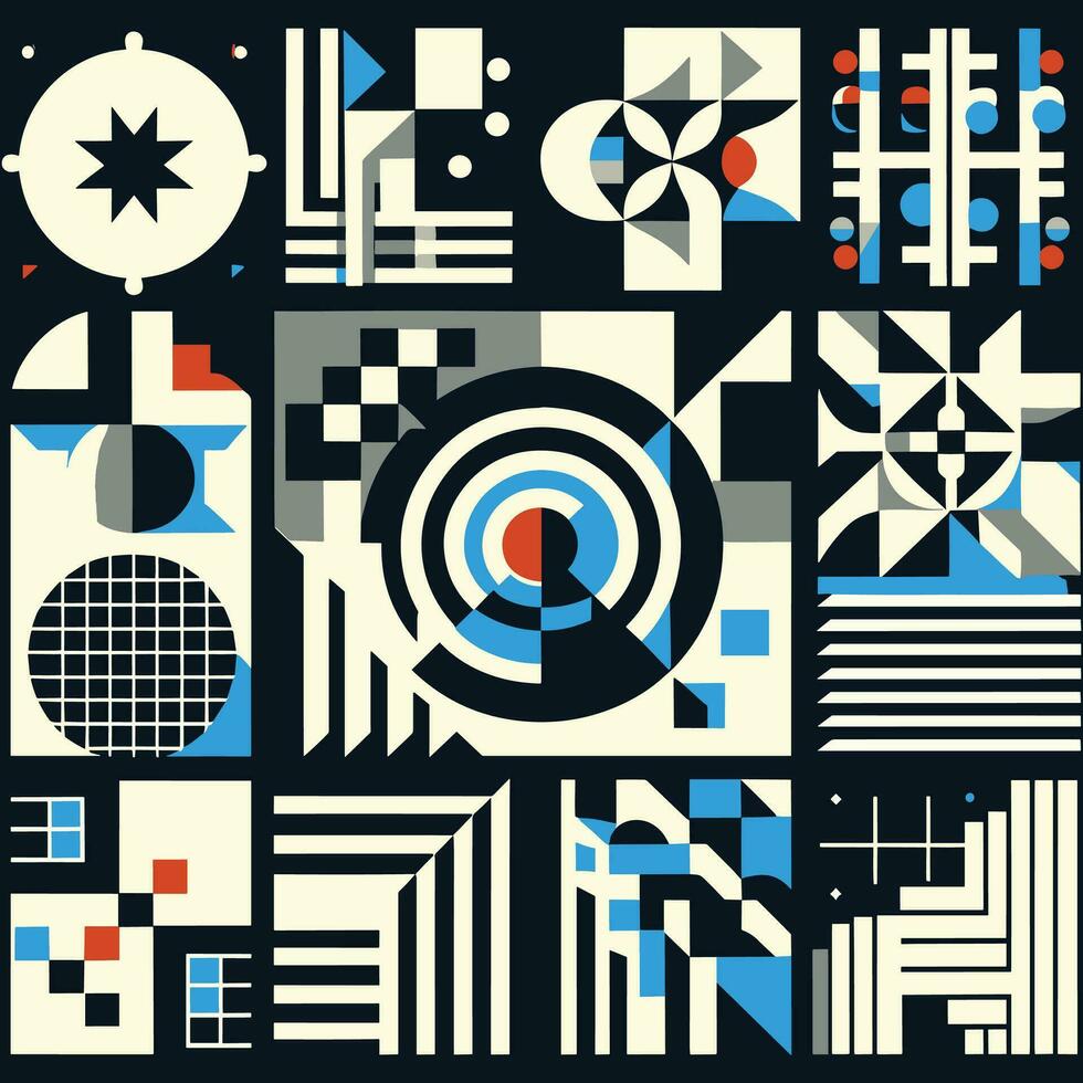 Brutalist abstract geometric shapes and grids. Brutal contemporary figure star oval spiral flower and other primitive elements. Swiss design aesthetic. Bauhaus memphis design vector