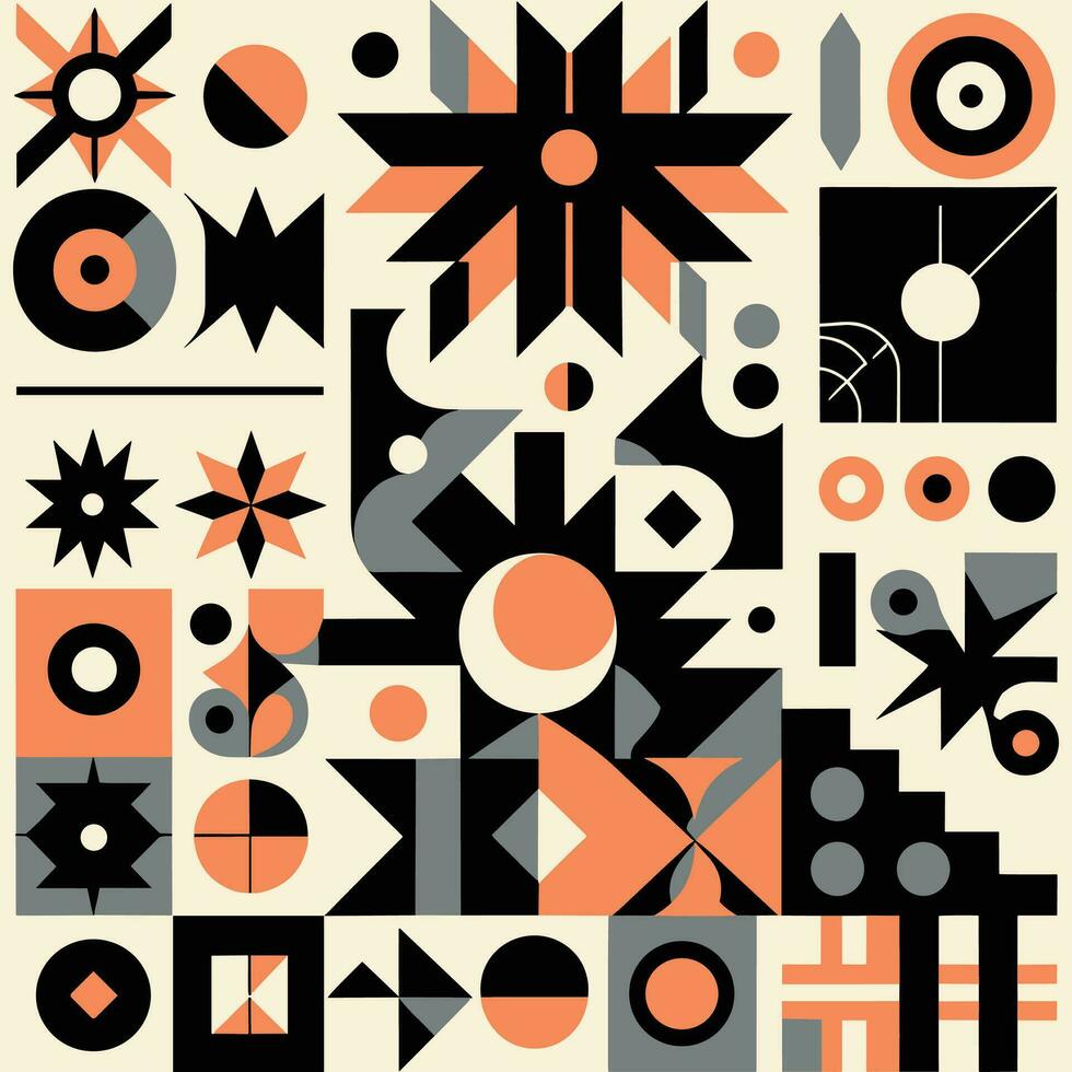 Brutalist abstract geometric shapes and grids. Brutal contemporary figure star oval spiral flower and other primitive elements. Swiss design aesthetic. Bauhaus memphis design vector