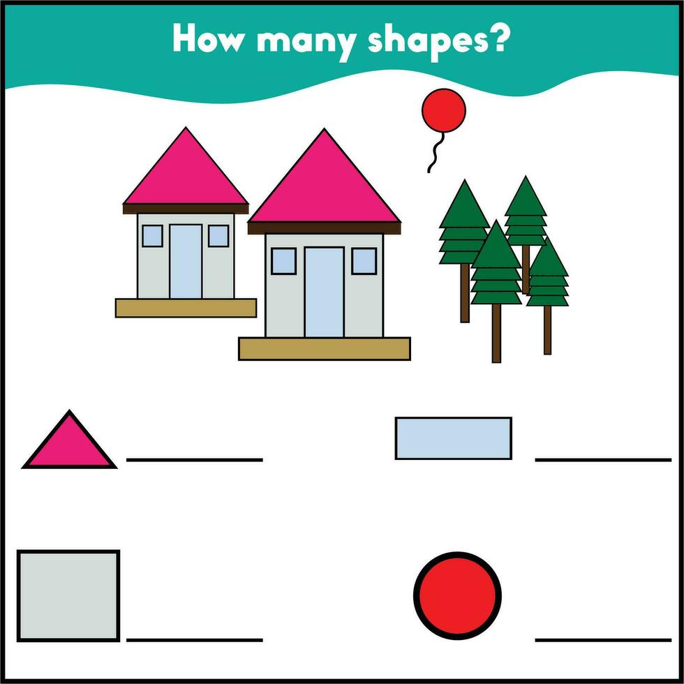 How many shapes fun game for kids. Educational worksheet for toddlers. Vector illustrations.