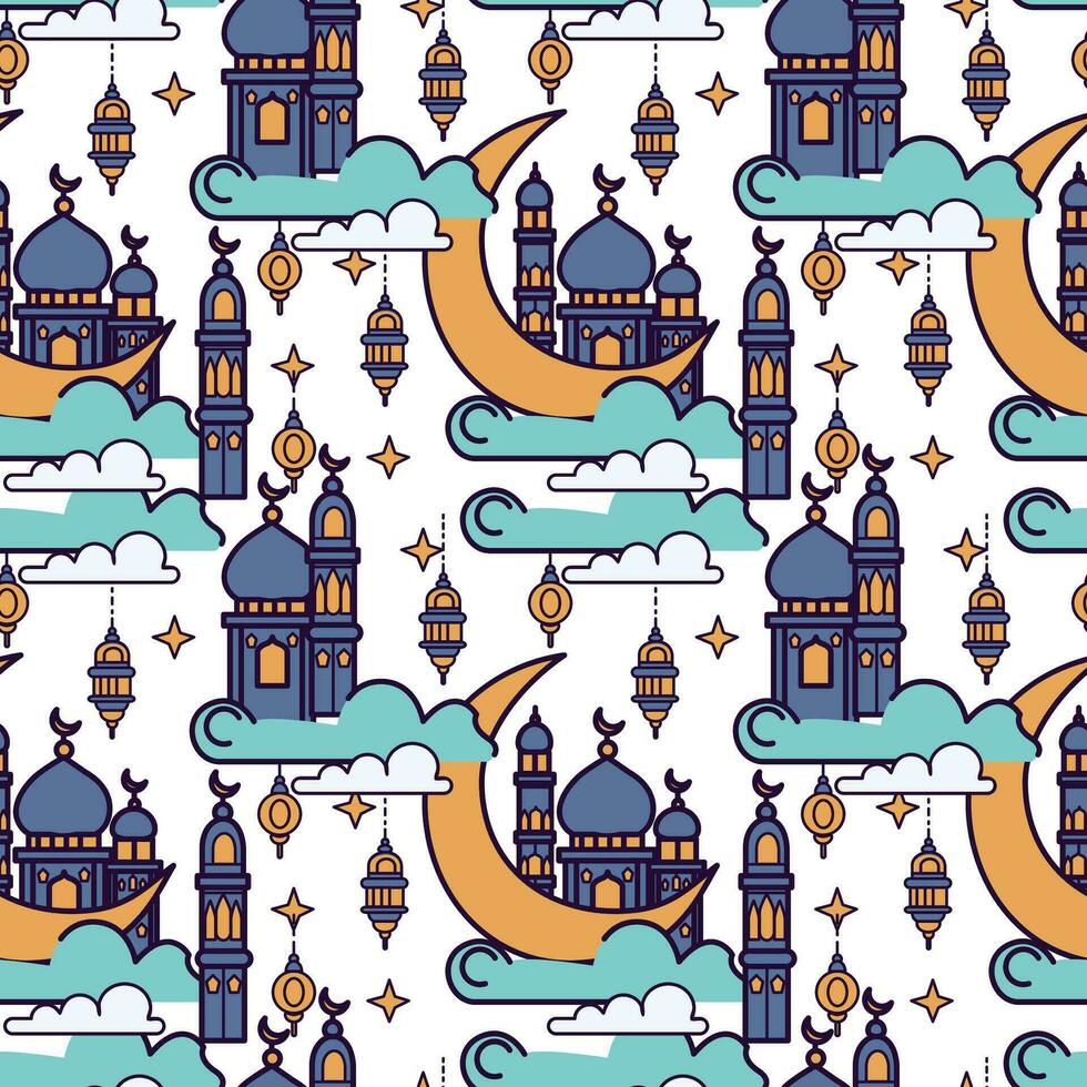 Seamless pattern with mosque, moon and clouds. Ramadan Kareem background. vector