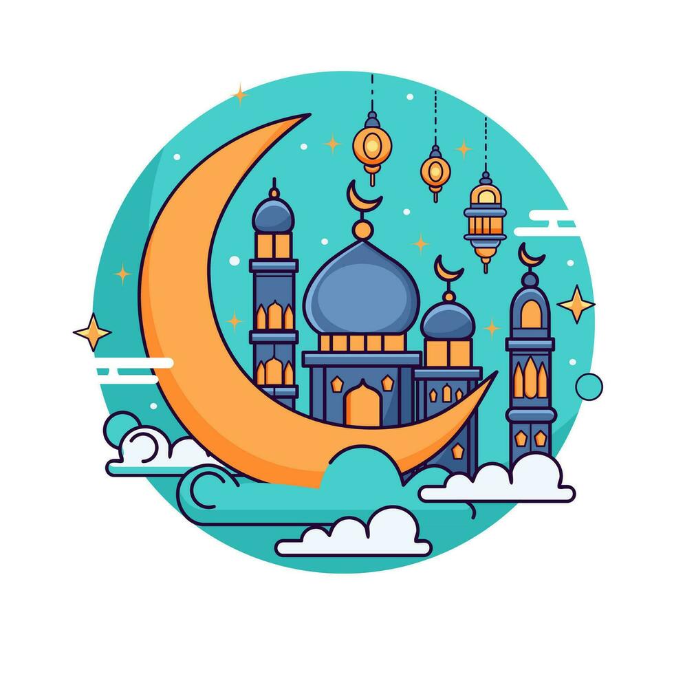 Ramadán kareem saludo tarjeta con mezquita y Luna. vector ilustración