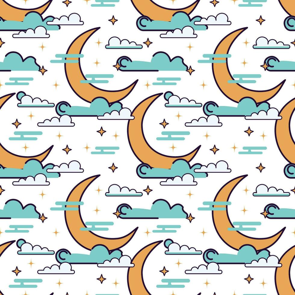 Seamless pattern with crescent moon, stars and clouds. Vector illustration.