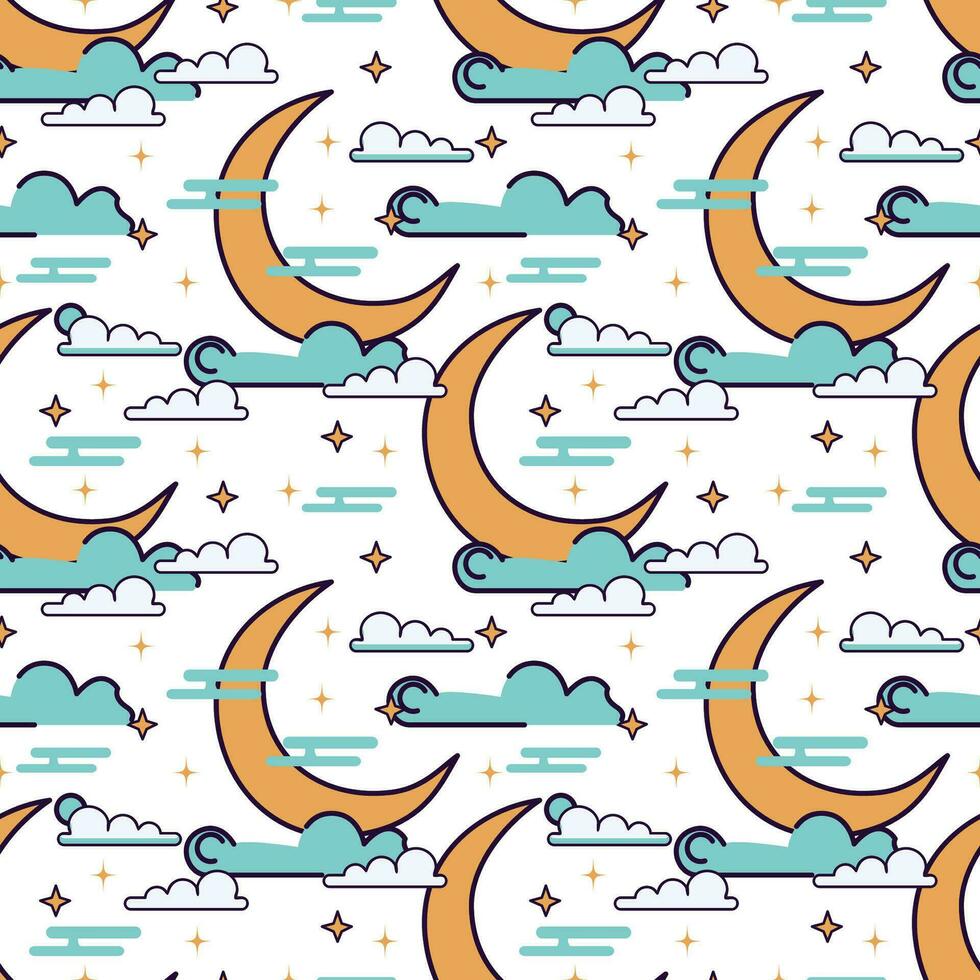 Seamless pattern with crescent moon, stars and clouds. Vector illustration.