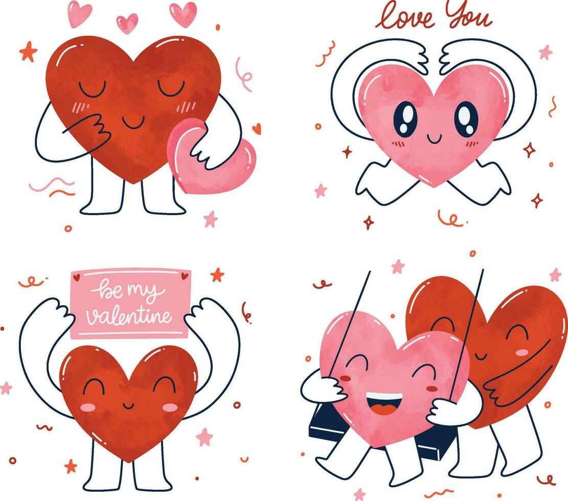 acuarela mascota corazón. dibujos animados acuarela romántico san valentin día pegatina, linda corazones con pierna y manos. linda ove gracioso ángel Cupido y contento Pareja. vector conjunto