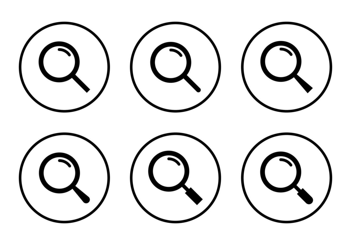 Search, magnifying glass icon vector on circle line. Magnifier symbol set collection