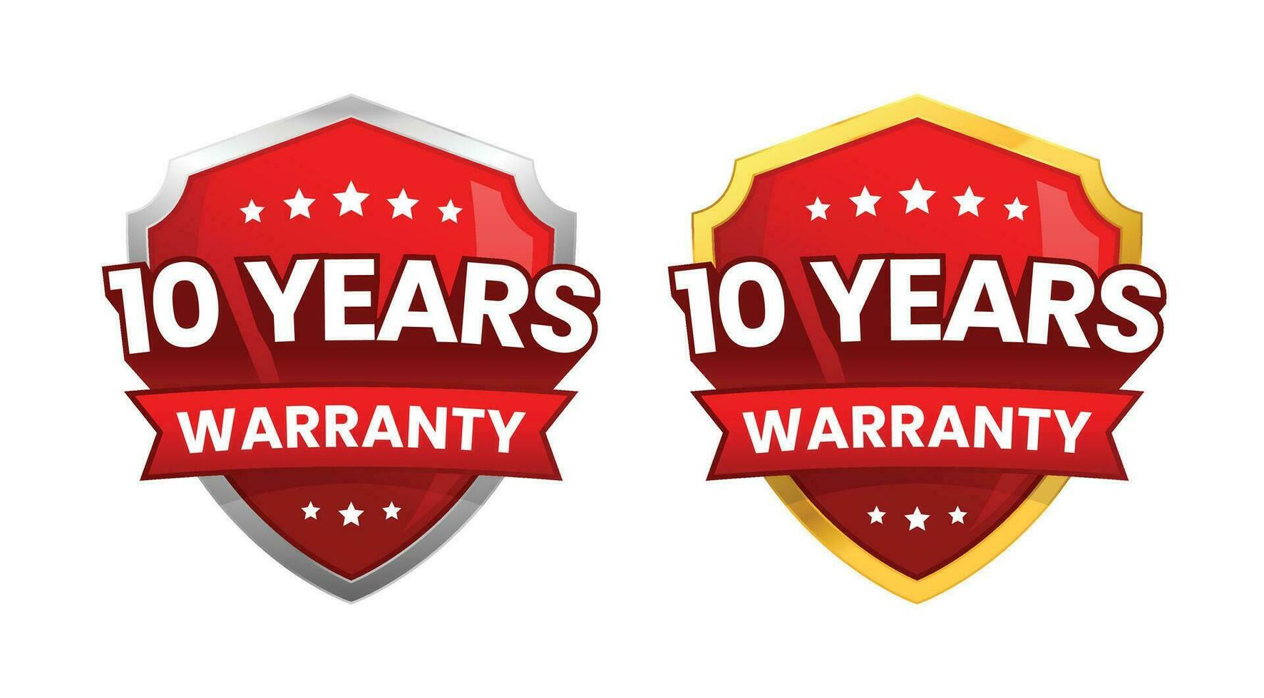 10 years warranty label, logo, icon badge. minimalist shiny red gold silver shield. Vector design